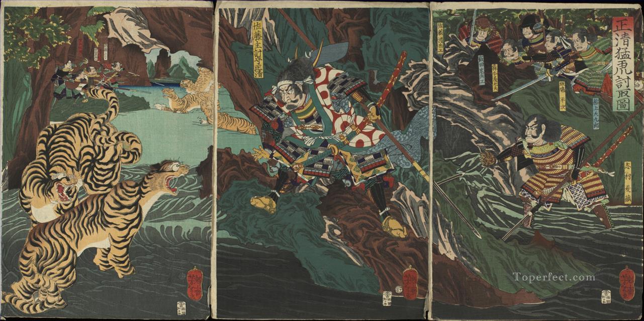 壬氏戦争中に朝鮮で虎を狩った加藤清正 月岡芳年油絵